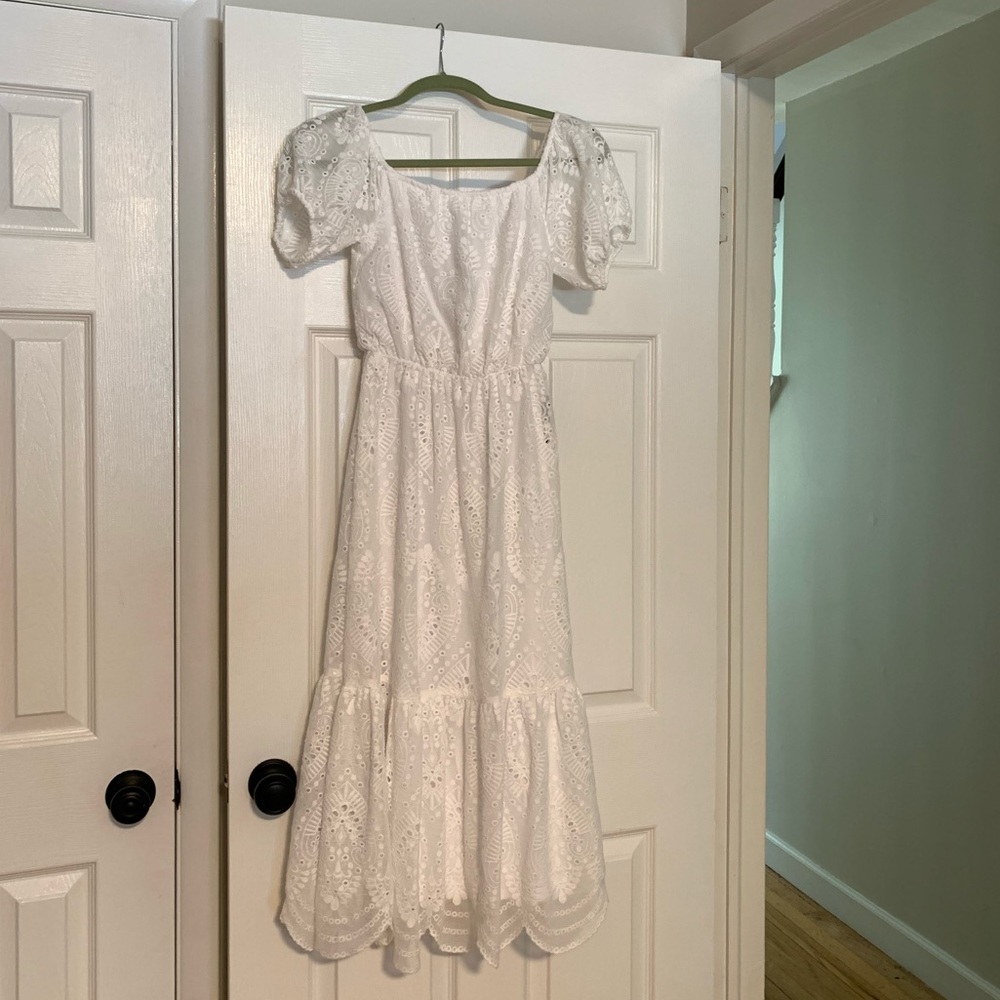 EXPRESS- EYELET LACE OFF THE SHOULDER MIDI DRESS